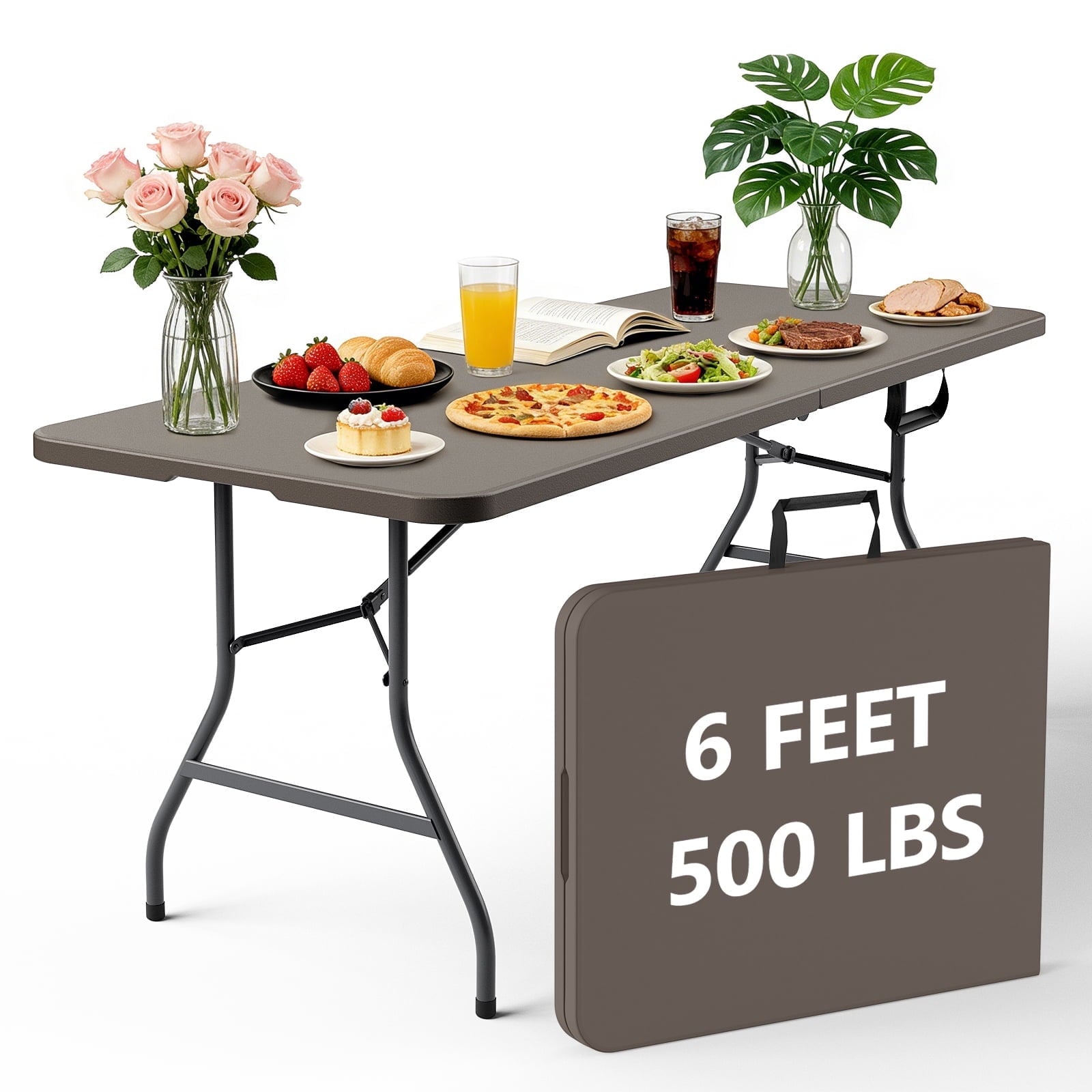 HaiNova 6ft Folding Table, Portable Camping Table with Handle, Durable and Anti-fouling Picnic Table Suitable for Party, Camping and Picnic, Khaki