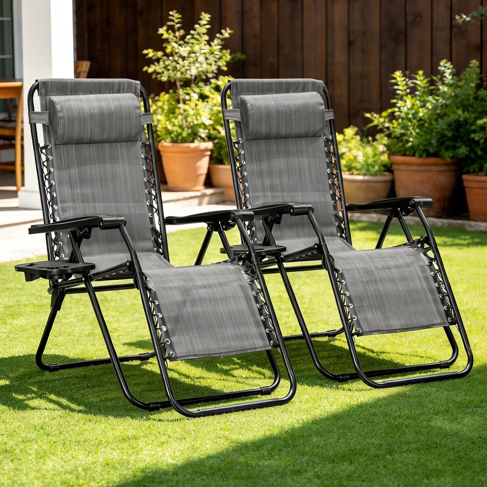 WLLJOY Zero Gravity Chair 2Pcs, 350lb Capacity, Folding Reclining Chair with Adjustable Pillow and Cup Holder for Garden, Patio, Beach, Gray