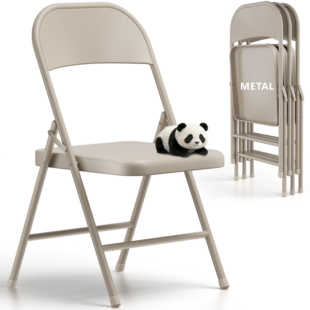 HaiNova All Iron Steel Folding Chair 4 Pack,Durable Portable,Capacity 350 lbs, Indoor/Outdoor Dual-Use Seating for Various Occasions, Khaki