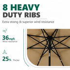 HaiNova 9ft Solar Patio Umbrella, Tilt Adjustment LED Outdoor Umbrella with 8 Reinforced Ribs for Garden, Backyard, Pool, Khaki