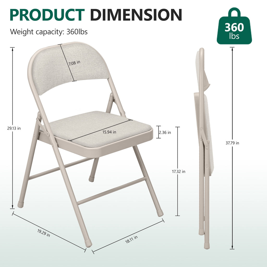 HaiNova Fabric Folding Chair 4 Pack, with Fabric Padded Cushion & Back, Metal Frame, Easy to Use and Store for Home, Office, Party, Khaki