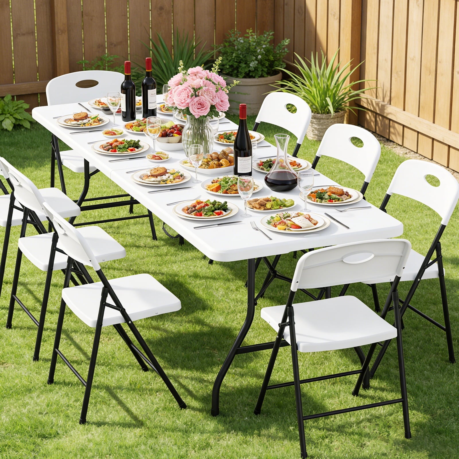 HaiNova 8FT Folding Table, Portable Heavy Duty Camping Table with Carrying Handle, Anti-fouling and Sun-Proof Suitable for Meetings, Parties, Camping and Weddings, White