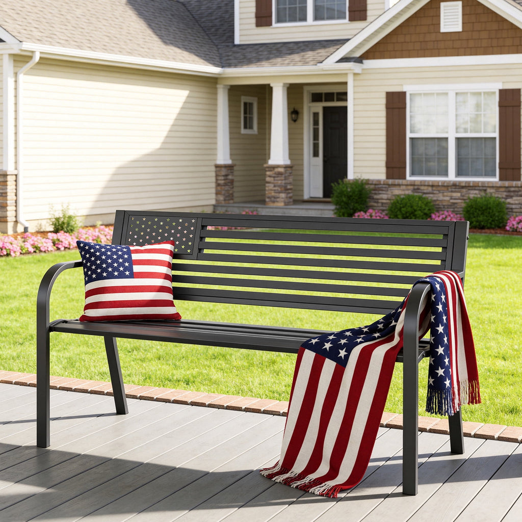HaiNova Metal Outdoor Bench, 47in Patio Garden Benches with National Flag Pattern Backrest for Backyard, Lawn, Deck, Porch, Park, Black