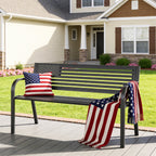 HaiNova Metal Outdoor Bench, 47in Patio Garden Benches with National Flag Pattern Backrest for Backyard, Lawn, Deck, Porch, Park, Black
