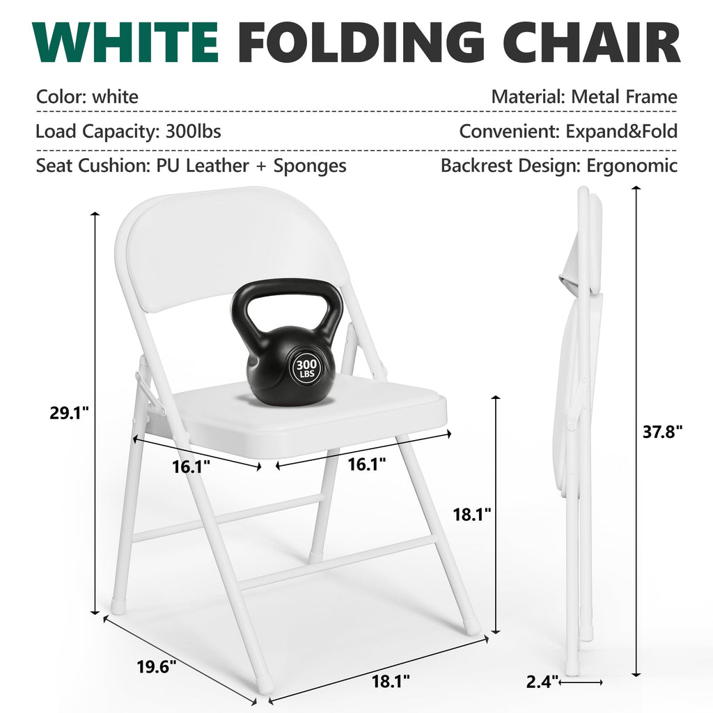 HaiNova 6 Pack Folding Chairs with Comfortable Cushion, Leather Padded Cushion Chair with Stainless Steel Frame for Home and Office, Gatherings, White