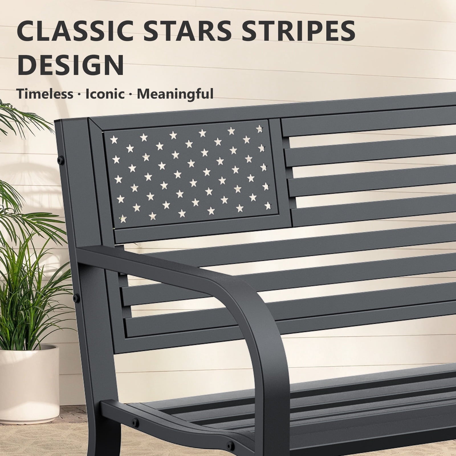 HaiNova Metal Outdoor Bench, 47in Patio Garden Benches with National Flag Pattern Backrest for Backyard, Lawn, Deck, Porch, Park, Black