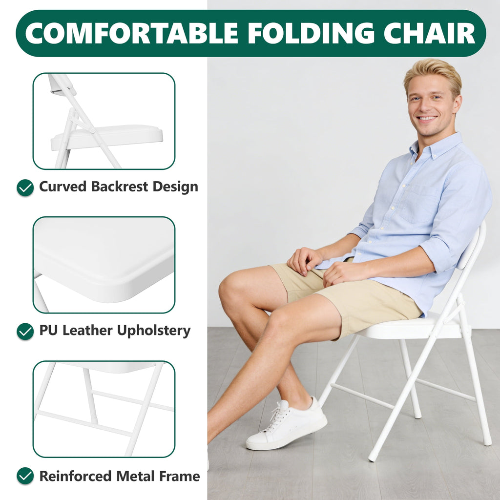 HaiNova 6 Pack Folding Chairs with Comfortable Cushion, Leather Padded Cushion Chair with Stainless Steel Frame for Home and Office, Gatherings, White