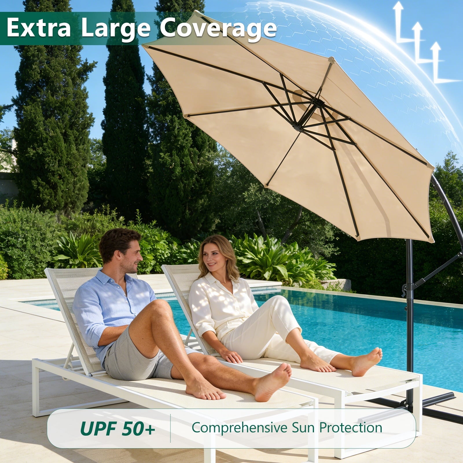 HaiNova 10 ft Offset Patio Umbrella With Base Included ,All-Weather UV Protection Cantilever Umbrella Suitable For Garden, Backyard and Beach, Khaki