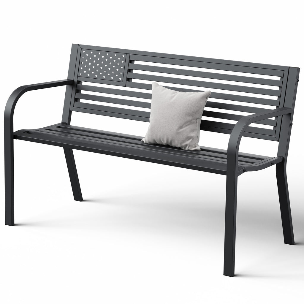 47" Outdoor Garden Bench, Iron Steel Frame Patio Bench with Backrest, Black