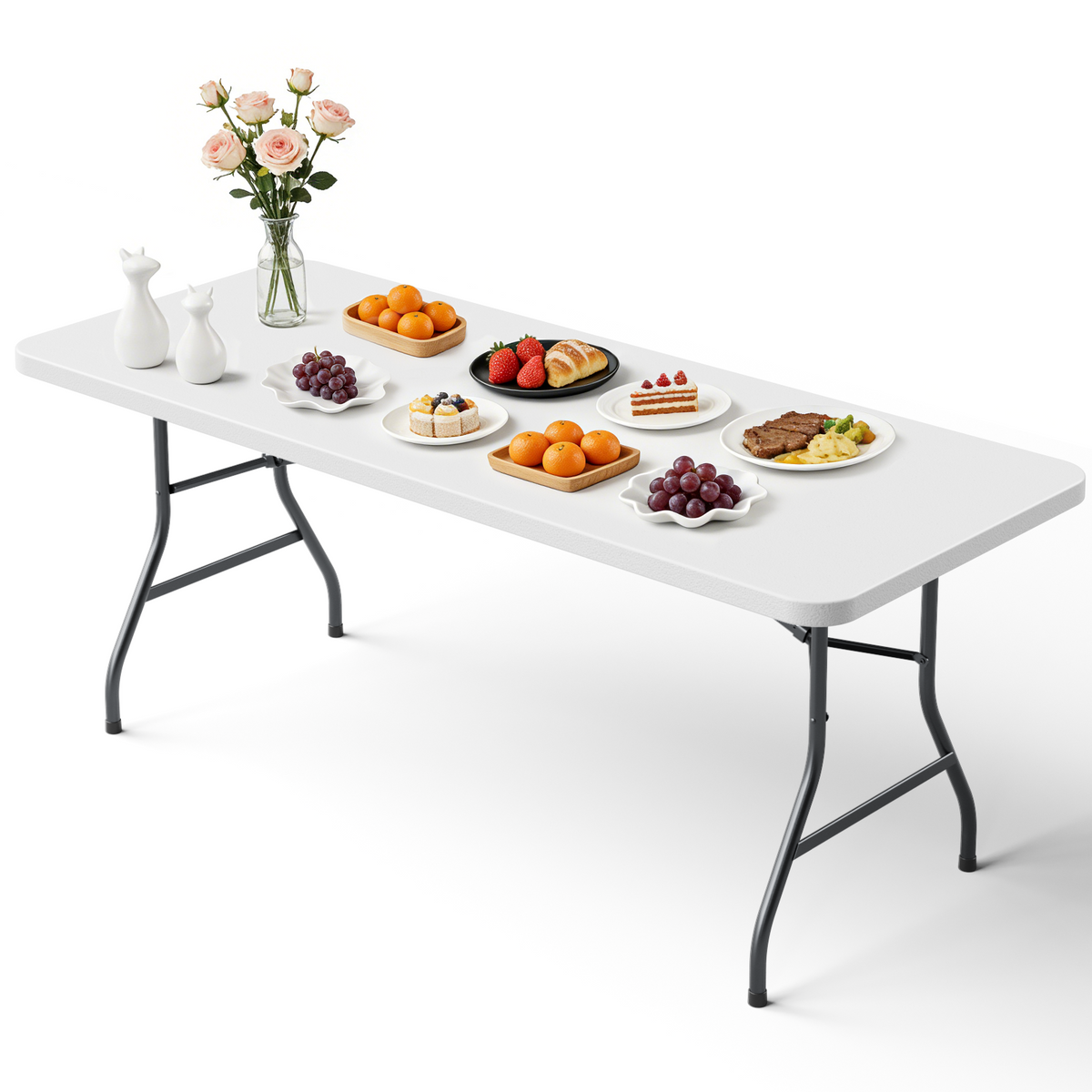 8ft Folding Table, Heavy Duty Plastic Card Table with Foldable Legs