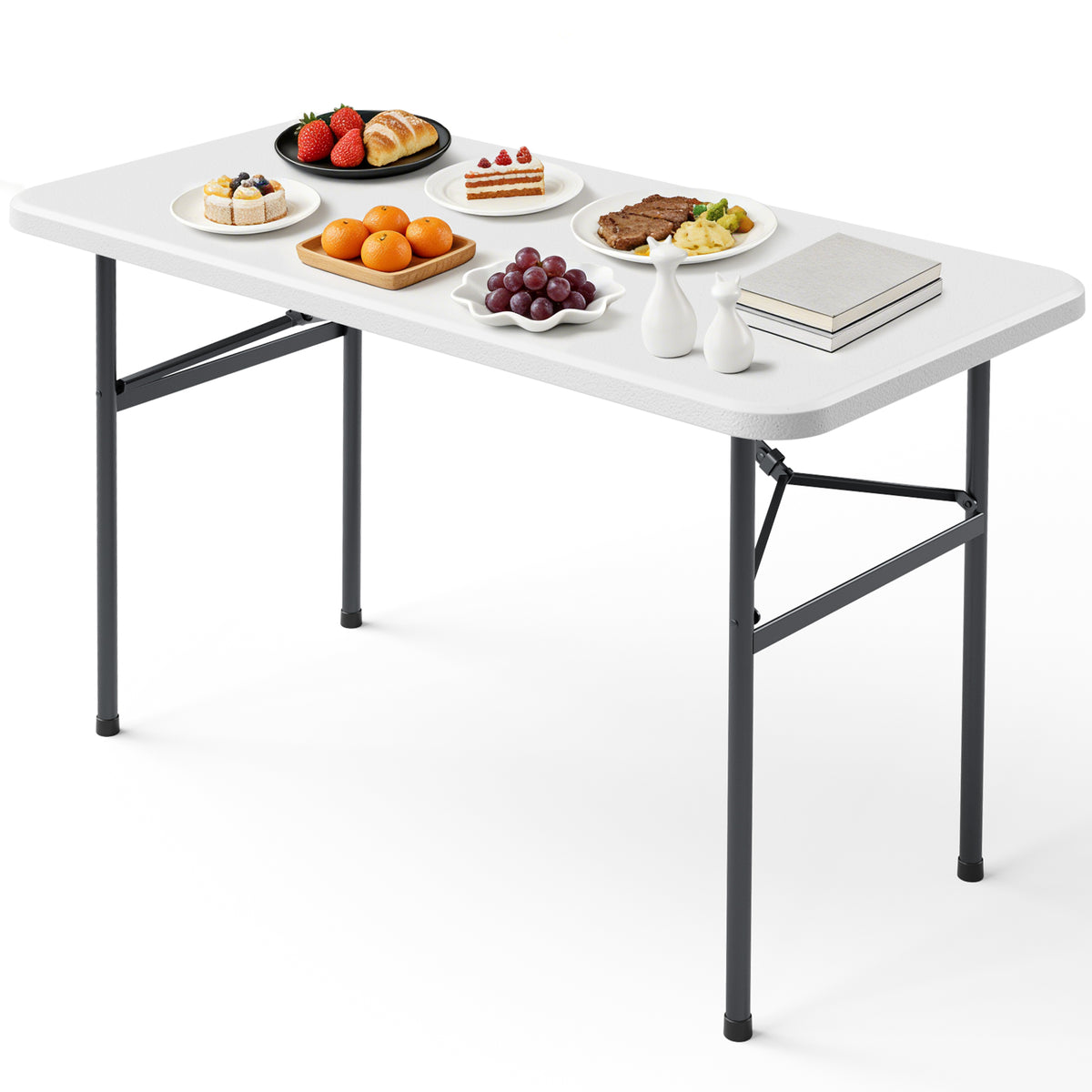 4ft Folding Table, Heavy Duty Plastic Card Table with Foldable Steel Legs, Metal Frame Support up to 400 lb, Portable for Indoor, Outdoor, Picnic, Camping, Dining, Party, White