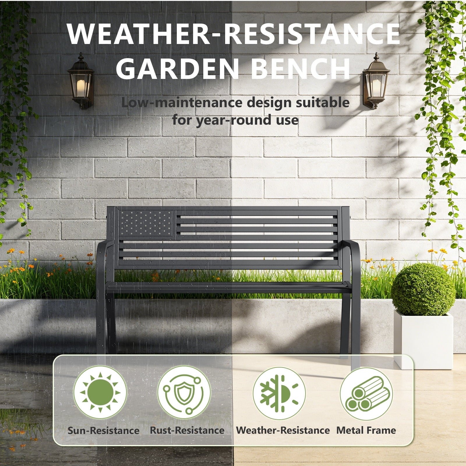 HaiNova Metal Outdoor Bench, 47in Patio Garden Benches with National Flag Pattern Backrest for Backyard, Lawn, Deck, Porch, Park, Black