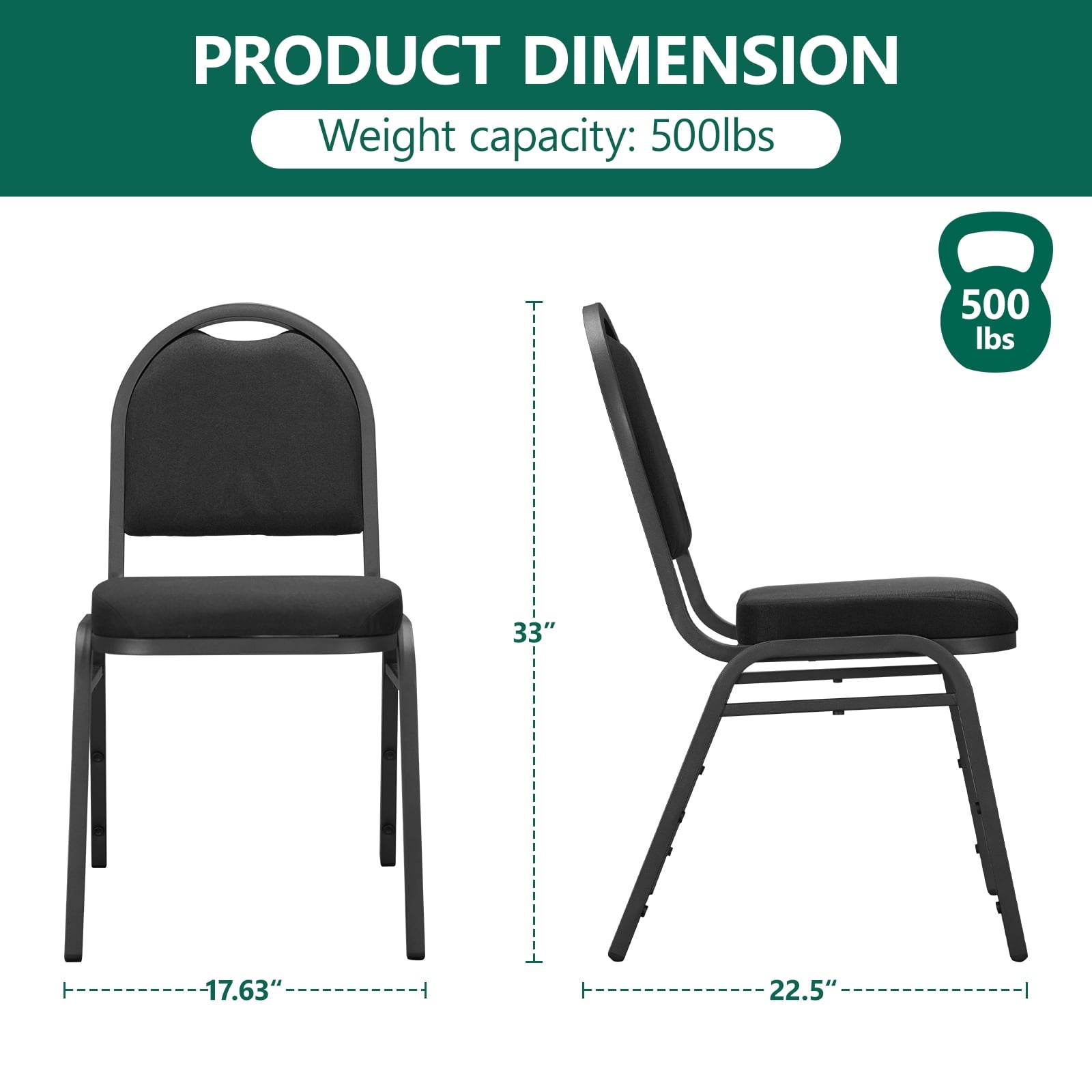 HaiNova Dome Back Stack Chair 4 Pack, with Black Vinyl Seat and Back, 500-lb Weight Capacity, Black Steel Frame, for Banquets, Weddings, Black