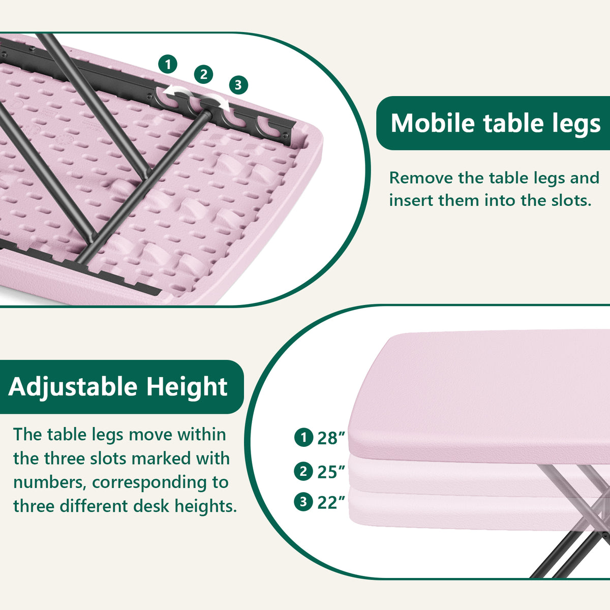 Folding Table 30 Inch - Small Desk Adjustable Height TV Tray for Laptop, Couch, Camping - Heavy Duty Utility Foldable Table for Small Spaces, No Assembly Required, Pink Granite
