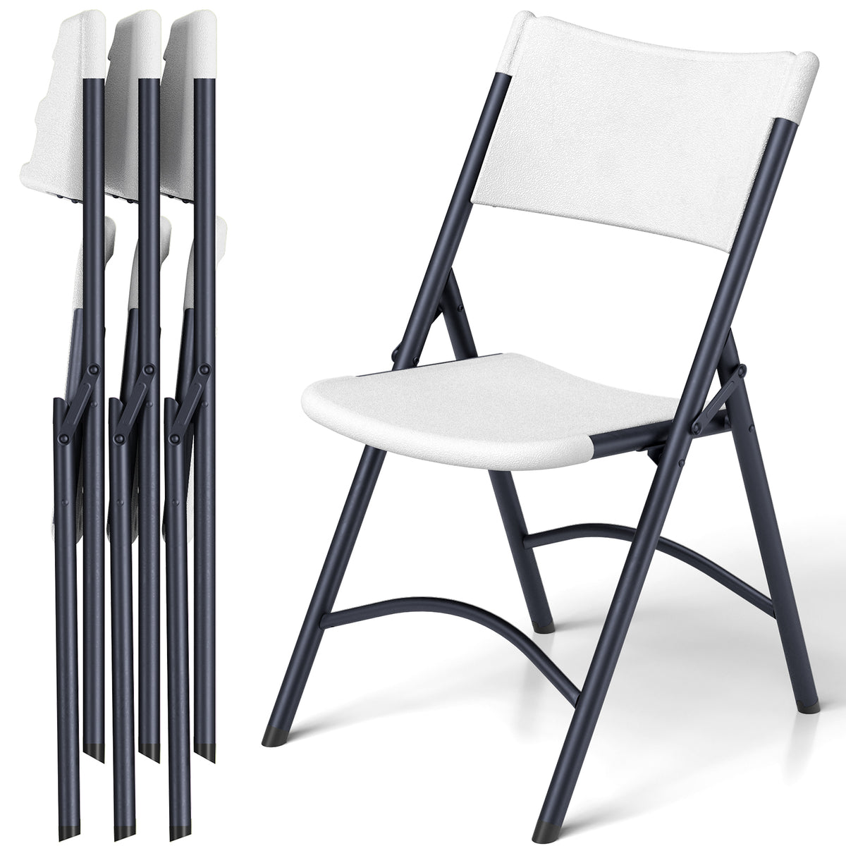 Folding Chairs 4 Pack, Outdoor Portable Foldable Chair with Steel Frame, 500lbs Capacity Heavy Duty Metal White Plastic Folding Chairs for Patio, Picnic, Kitchen, Dining
