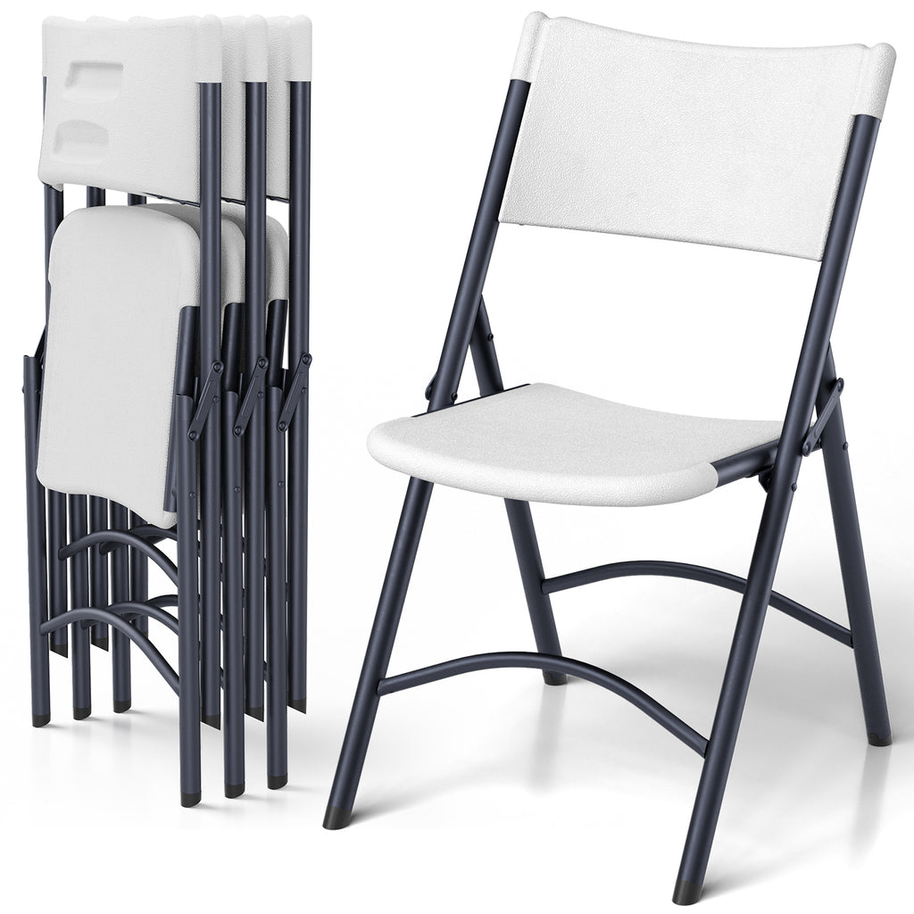 Folding Chairs 4 Pack, Outdoor Portable Foldable Chair with Steel Frame, 500lbs Capacity Heavy Duty Metal White Plastic Folding Chairs for Patio, Picnic, Kitchen, Dining