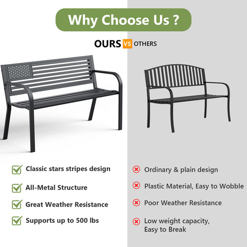 47" Outdoor Garden Bench, Iron Steel Frame Patio Bench with Backrest, Black