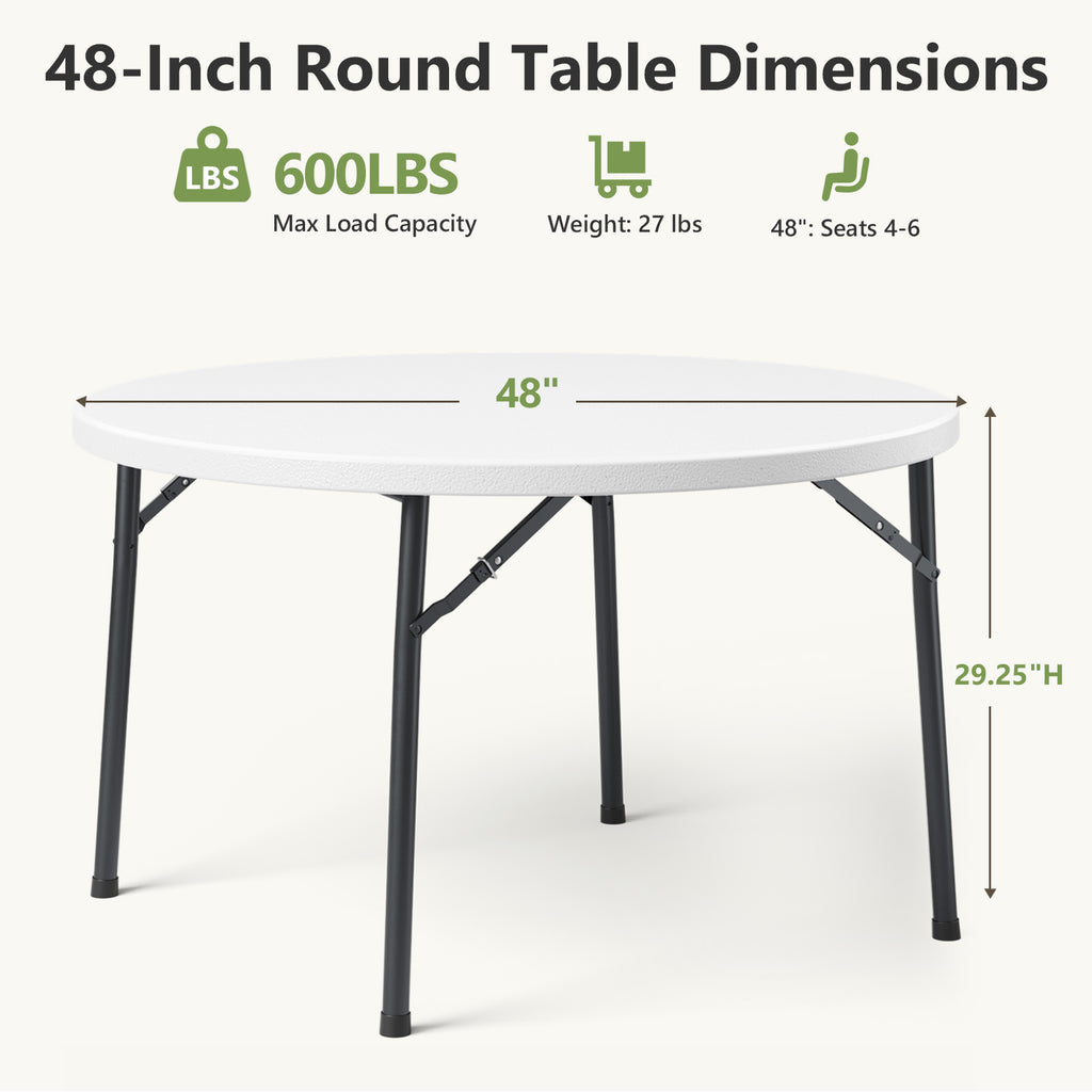 48" Folding Round Table, Heavy Duty Plastic Commercial Dinner Table with Foldable Steel Legs, Portable Banquet Table for Wedding, Party, Events, Indoor, Outdoor, White