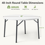 48" Folding Round Table, Heavy Duty Plastic Commercial Dinner Table with Foldable Steel Legs, Portable Banquet Table for Wedding, Party, Events, Indoor, Outdoor, White