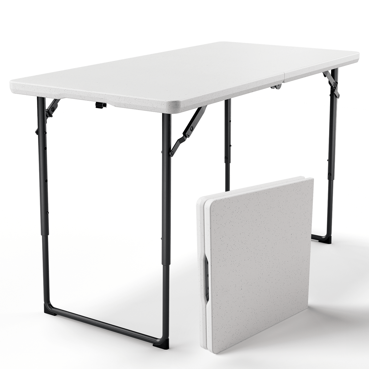 Folding Table, 4FT Foldable Picnic Table with Adjustable Height, Heavy Duty Fold-in-Half Portable Table for Weddings, Camping, RV Travel, Parties, BBQs, and Indoor Use, Easy to Fold and Store