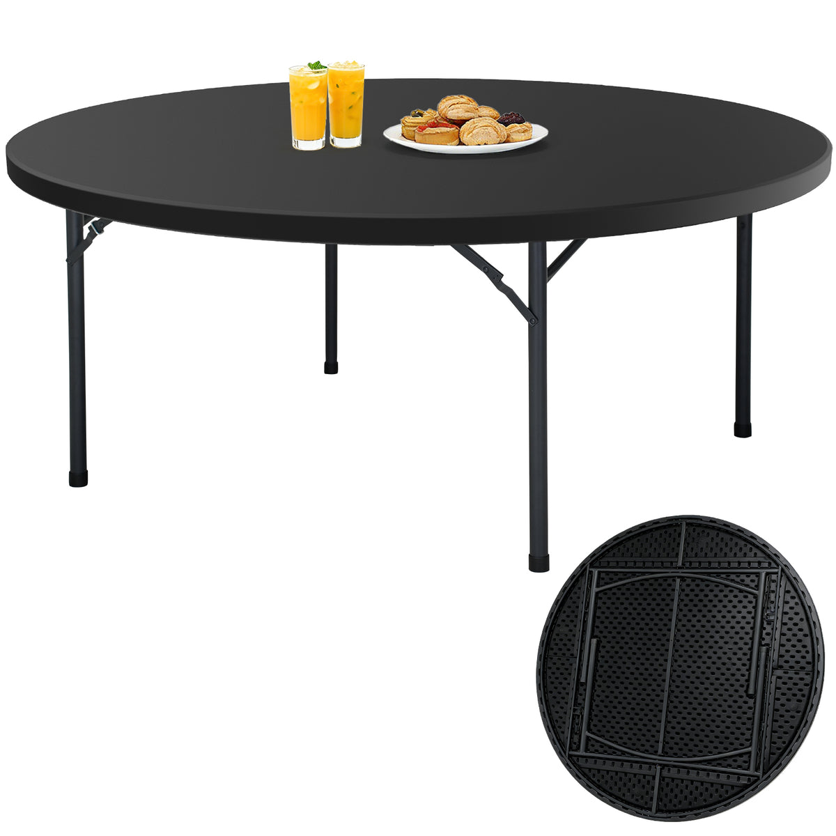 6FT Folding Round Table, Heavy Duty Plastic Card Table with Foldable Legs, Portable Folding Banquet Table for Living Room, Party or Outdoor Event, Indoor & Outdoor Use, Black