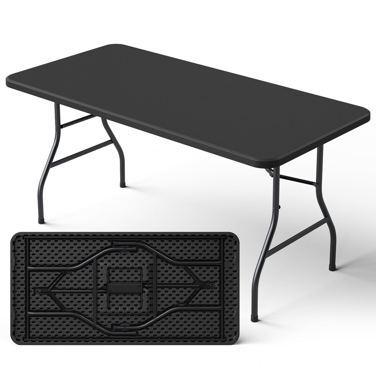 5FT Folding Table, Heavy Duty Plastic Table with Foldable Legs, Black