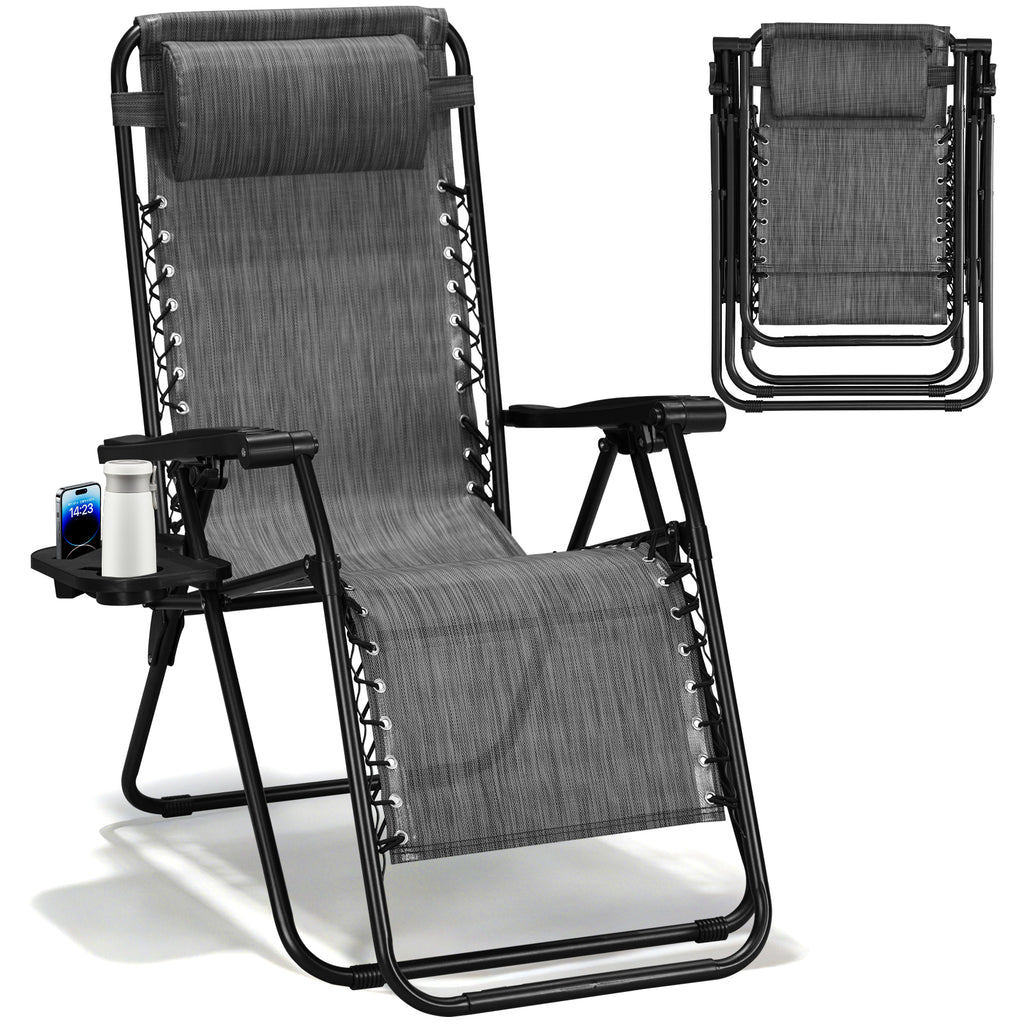 Zero Gravity Chairs Set of 2, Adjustable Lounge Chair Outdoor Recliner, Folding Reclining Lawn Chair, Anti Gravity Chair with Pillow & Cup Holder for Pool Camping Sunbathing Beach Patio (Gray)