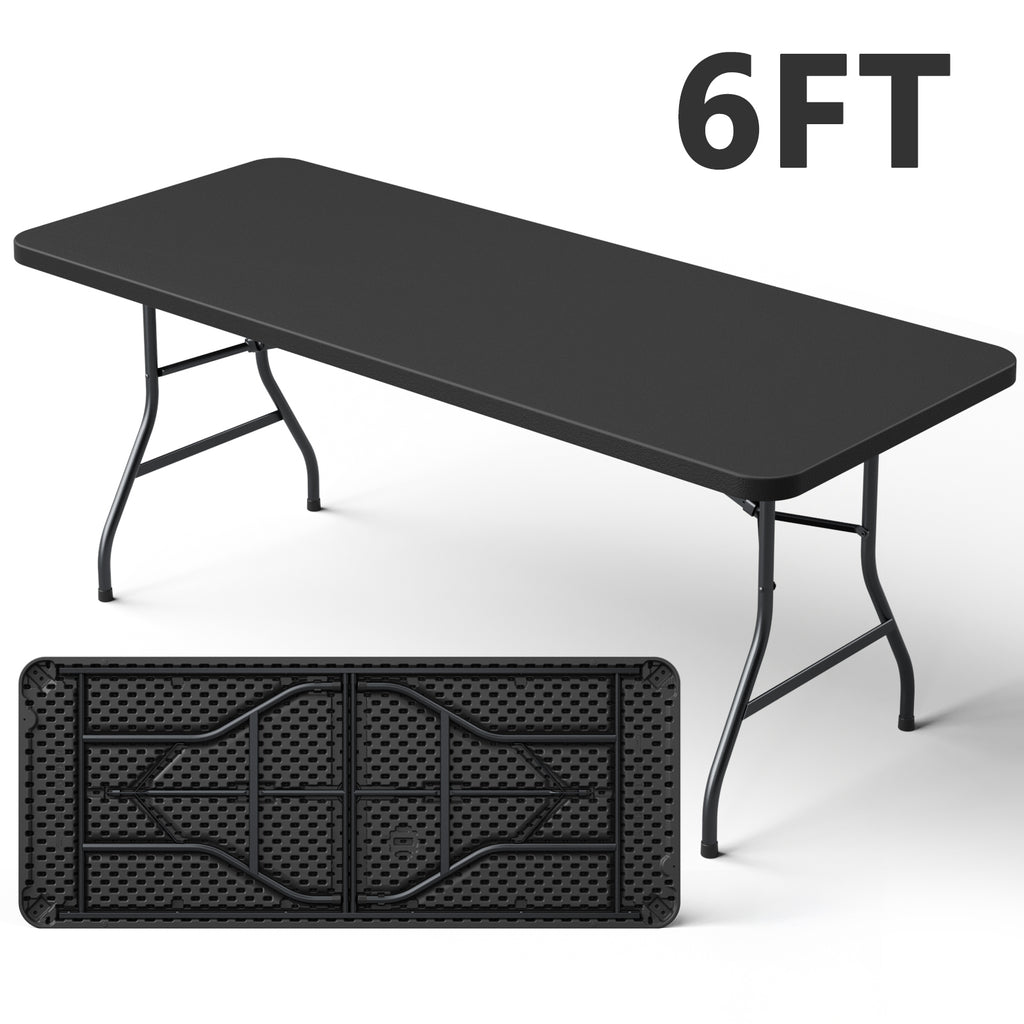 6ft Folding Table, Heavy Duty Plastic Card Table with Foldable Steel Legs, Metal Frame Support up to 600 lb, Portable for Indoor, Outdoor, Picnic, Camping, Dining, Party, Black