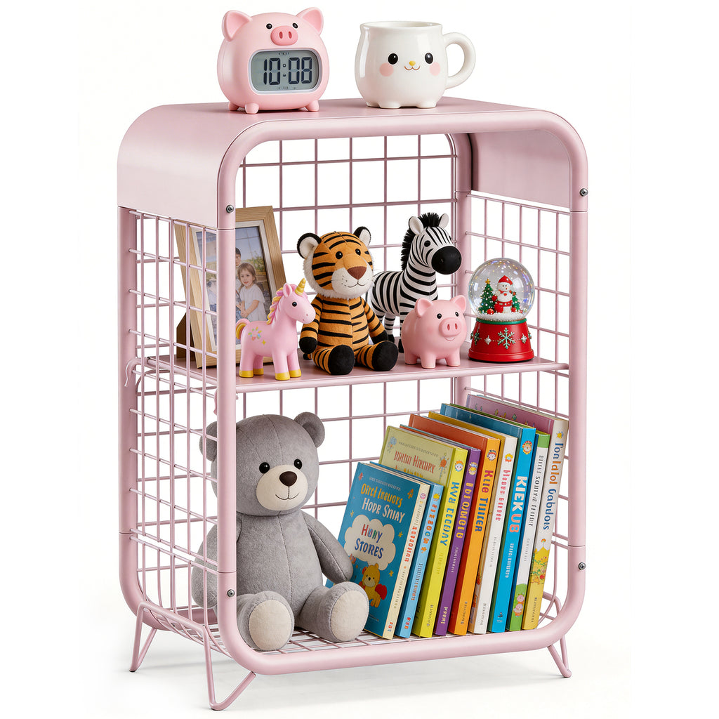 Cute Nightstand, Metal End Table, Side Table with Storage, 3-Tier Narrow End Table for Girls, Small Beside Table for Bedroom, Living Room, Office, Decor, Pink