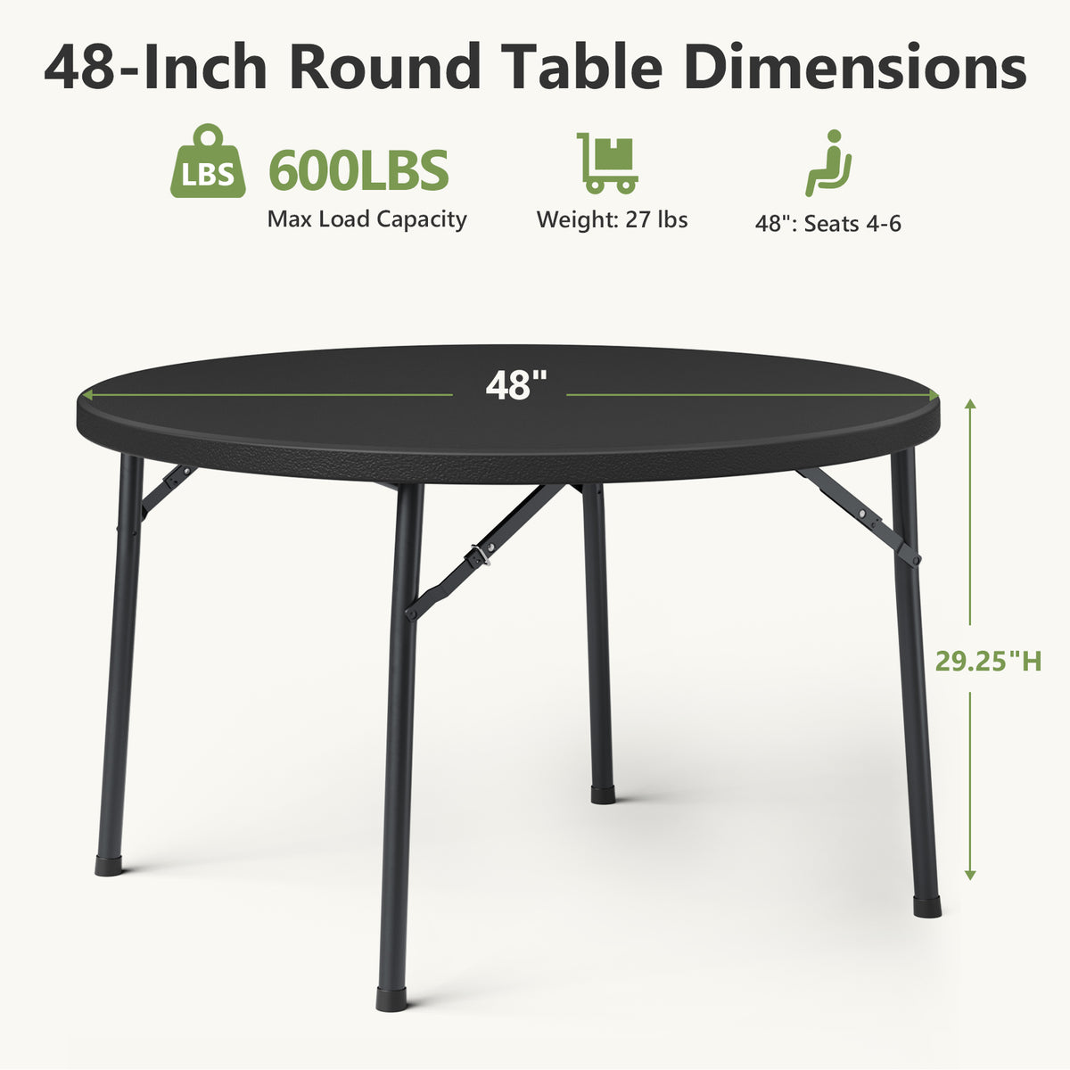 48" Folding Round Table, Heavy Duty Plastic Commercial Dinner Table with Foldable Steel Legs, Portable Banquet Table for Wedding, Party, Events, Indoor, Outdoor, White