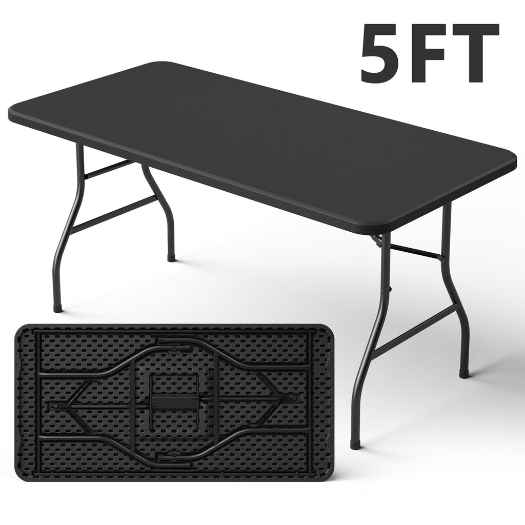 5FT Folding Table, Heavy Duty Plastic Table with Foldable Legs, Black