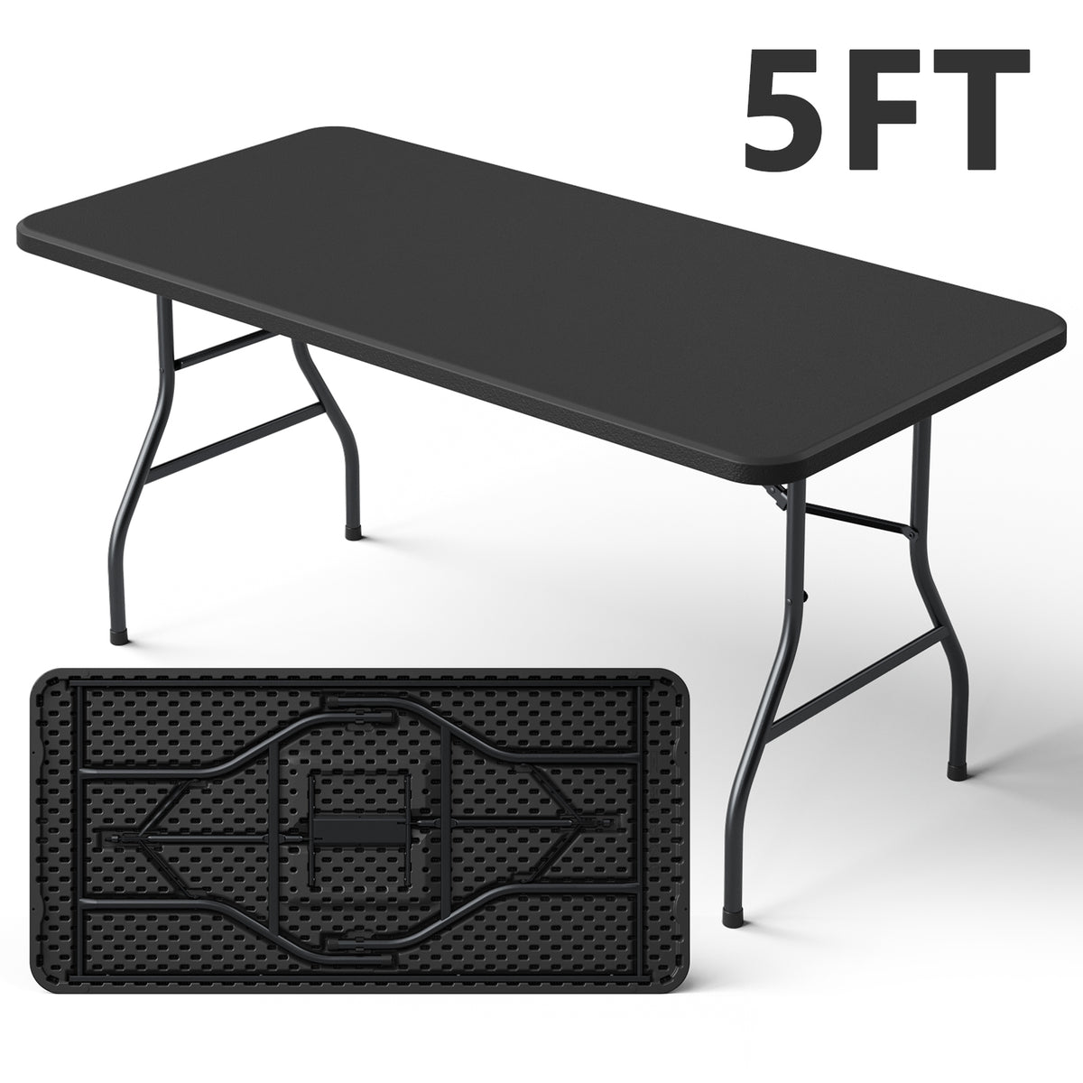 5FT Folding Table, Heavy Duty Plastic Table with Foldable Legs, Black