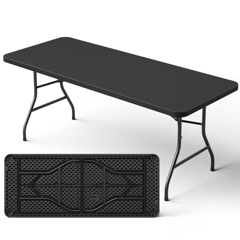 6ft Folding Table, Heavy Duty Plastic Card Table with Foldable Steel Legs, Metal Frame Support up to 600 lb, Portable for Indoor, Outdoor, Picnic, Camping, Dining, Party, Black