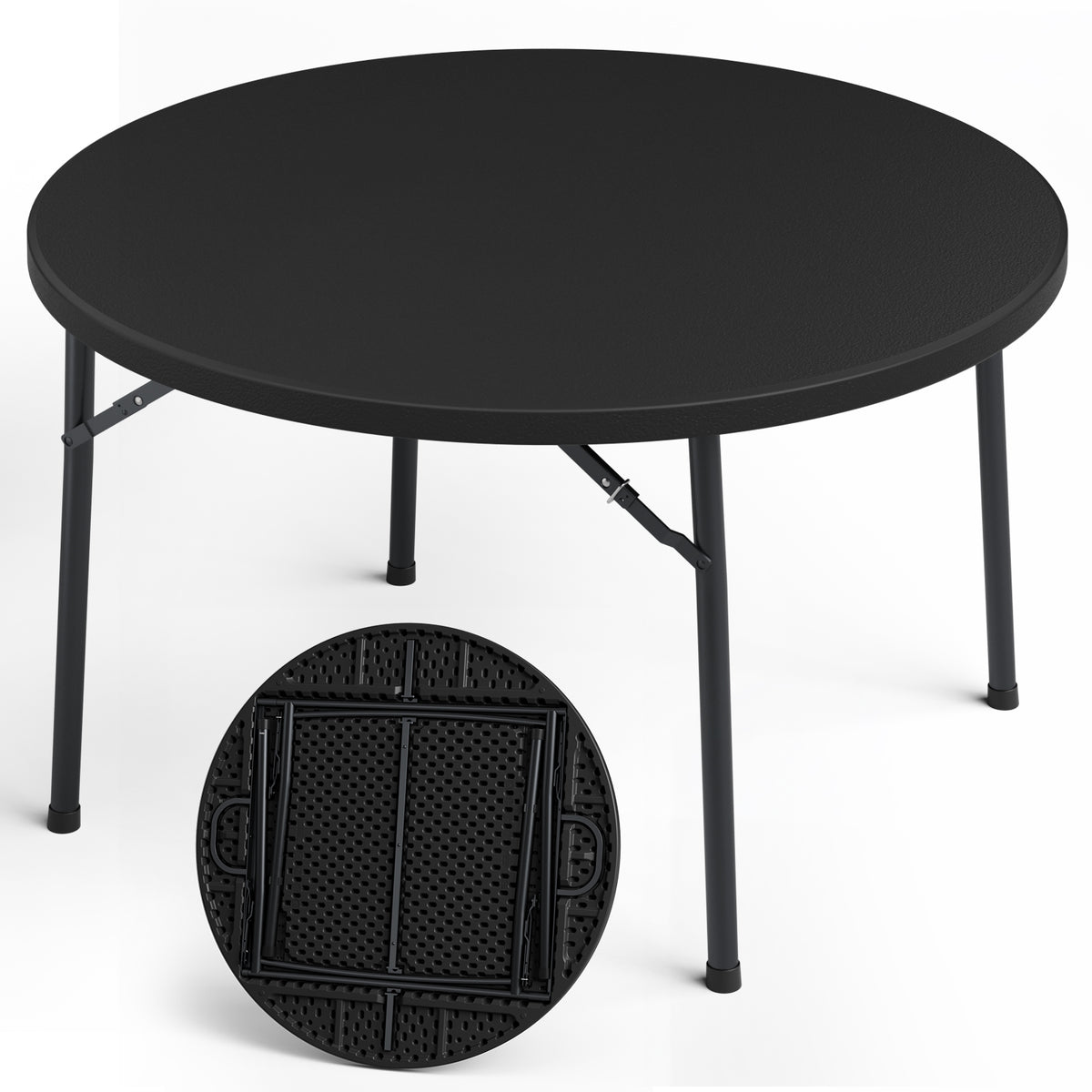 48" Folding Round Table, Heavy Duty Plastic Commercial Dinner Table with Foldable Steel Legs, Portable Banquet Table for Wedding, Party, Events, Indoor, Outdoor, White