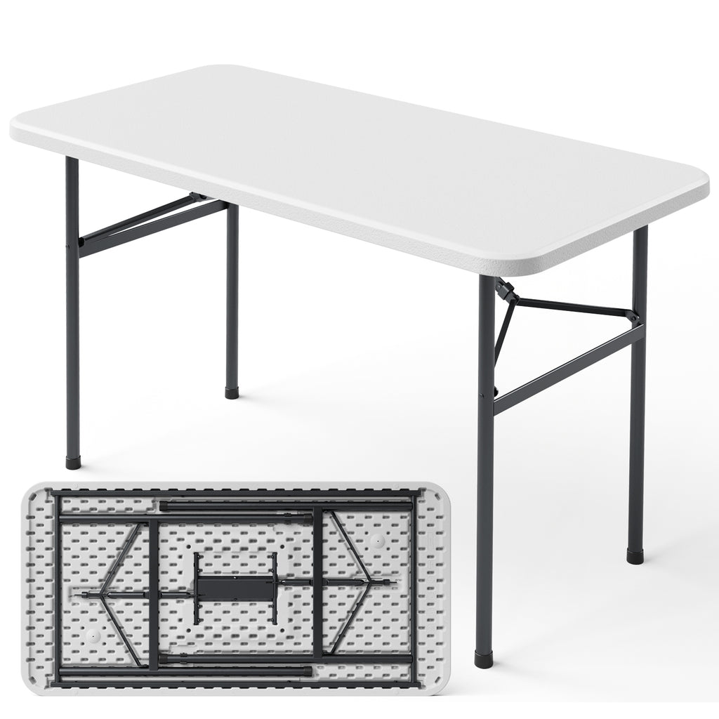 4ft Folding Table, Heavy Duty Plastic Card Table with Foldable Steel Legs, Metal Frame Support up to 400 lb, Portable for Indoor, Outdoor, Picnic, Camping, Dining, Party, White