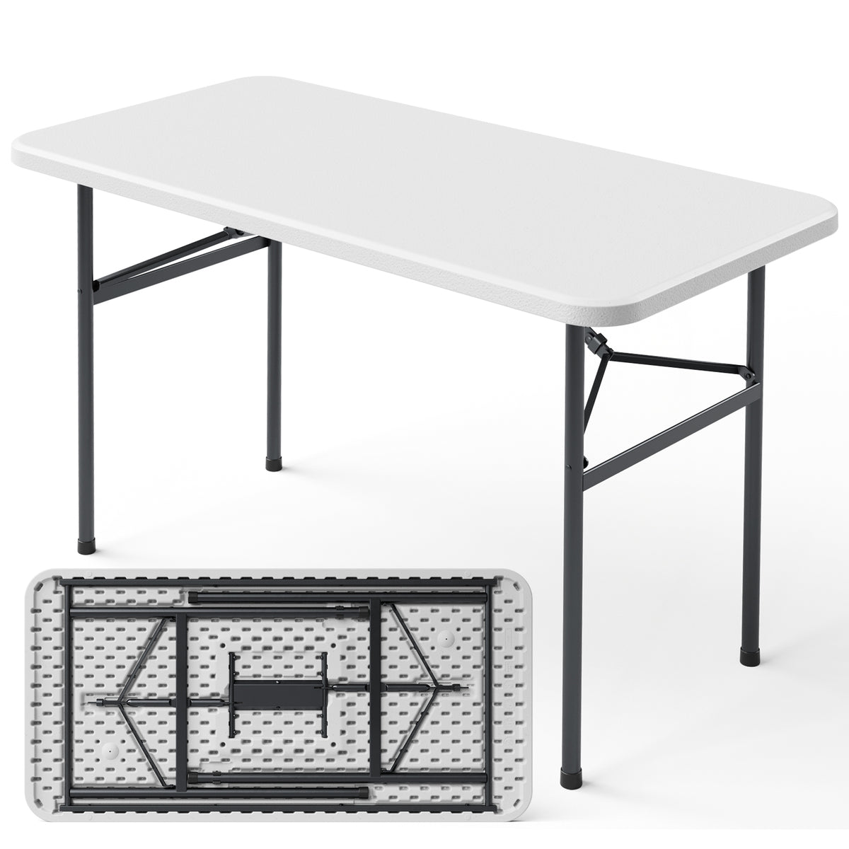 4ft Folding Table, Heavy Duty Plastic Card Table with Foldable Steel Legs, Metal Frame Support up to 400 lb, Portable for Indoor, Outdoor, Picnic, Camping, Dining, Party, White