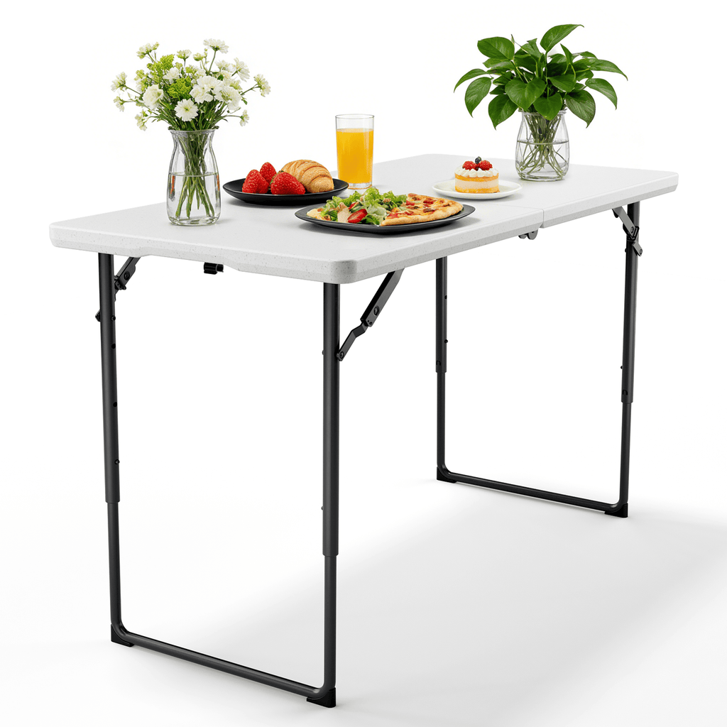 Folding Table, 4FT Foldable Picnic Table with Adjustable Height, Heavy Duty Fold-in-Half Portable Table for Weddings, Camping, RV Travel, Parties, BBQs, and Indoor Use, Easy to Fold and Store