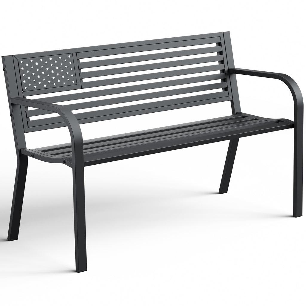 47" Outdoor Garden Bench, Iron Steel Frame Patio Bench with Backrest, Black