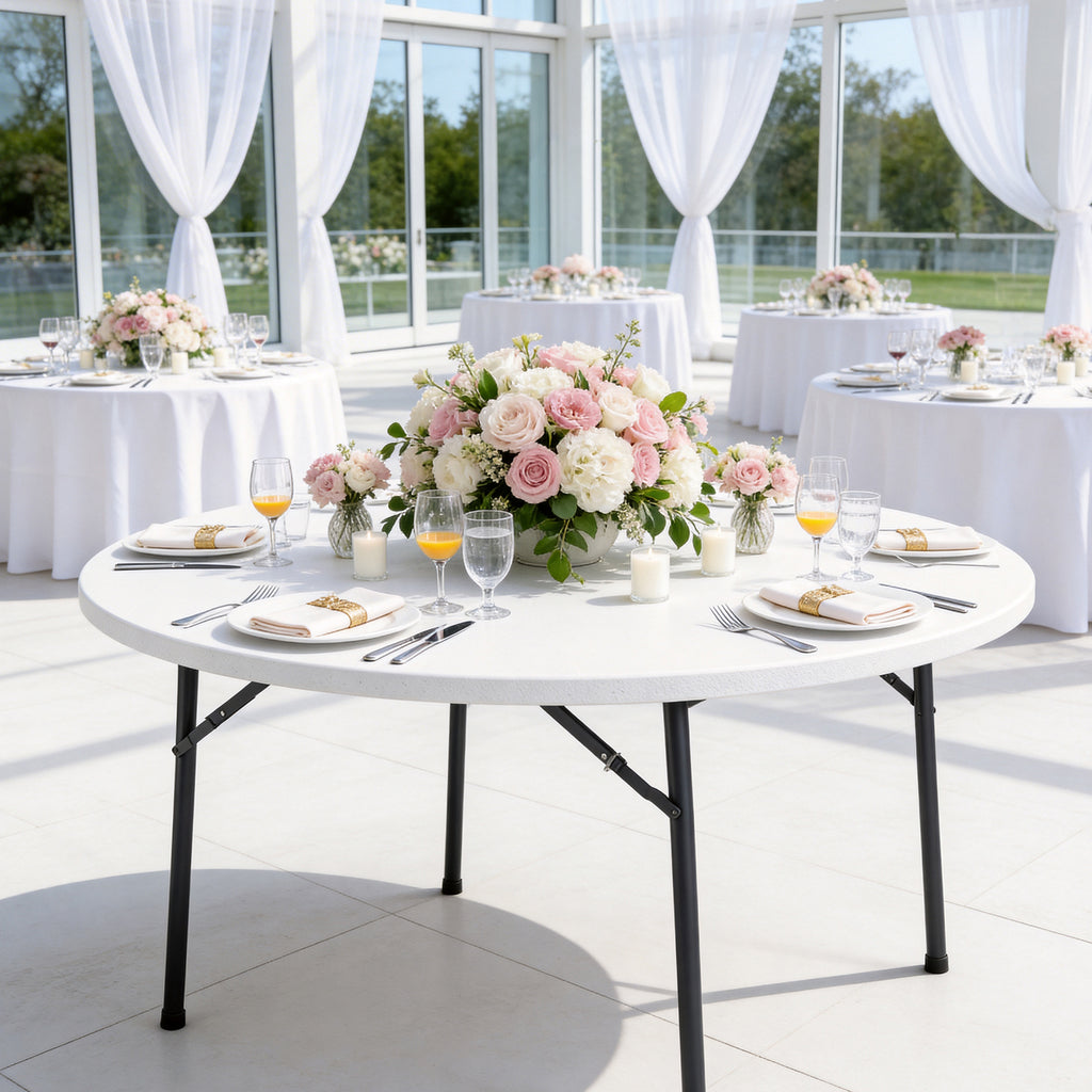 48" Folding Round Table, Heavy Duty Plastic Commercial Dinner Table with Foldable Steel Legs, Portable Banquet Table for Wedding, Party, Events, Indoor, Outdoor, White