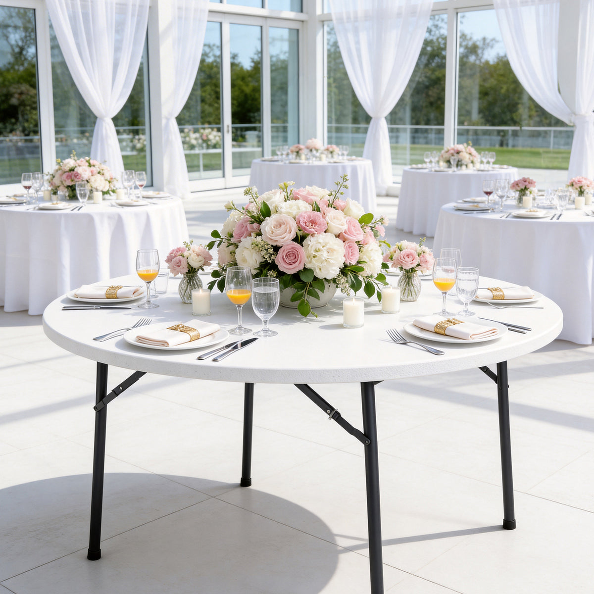 48" Folding Round Table, Heavy Duty Plastic Commercial Dinner Table with Foldable Steel Legs, Portable Banquet Table for Wedding, Party, Events, Indoor, Outdoor, White