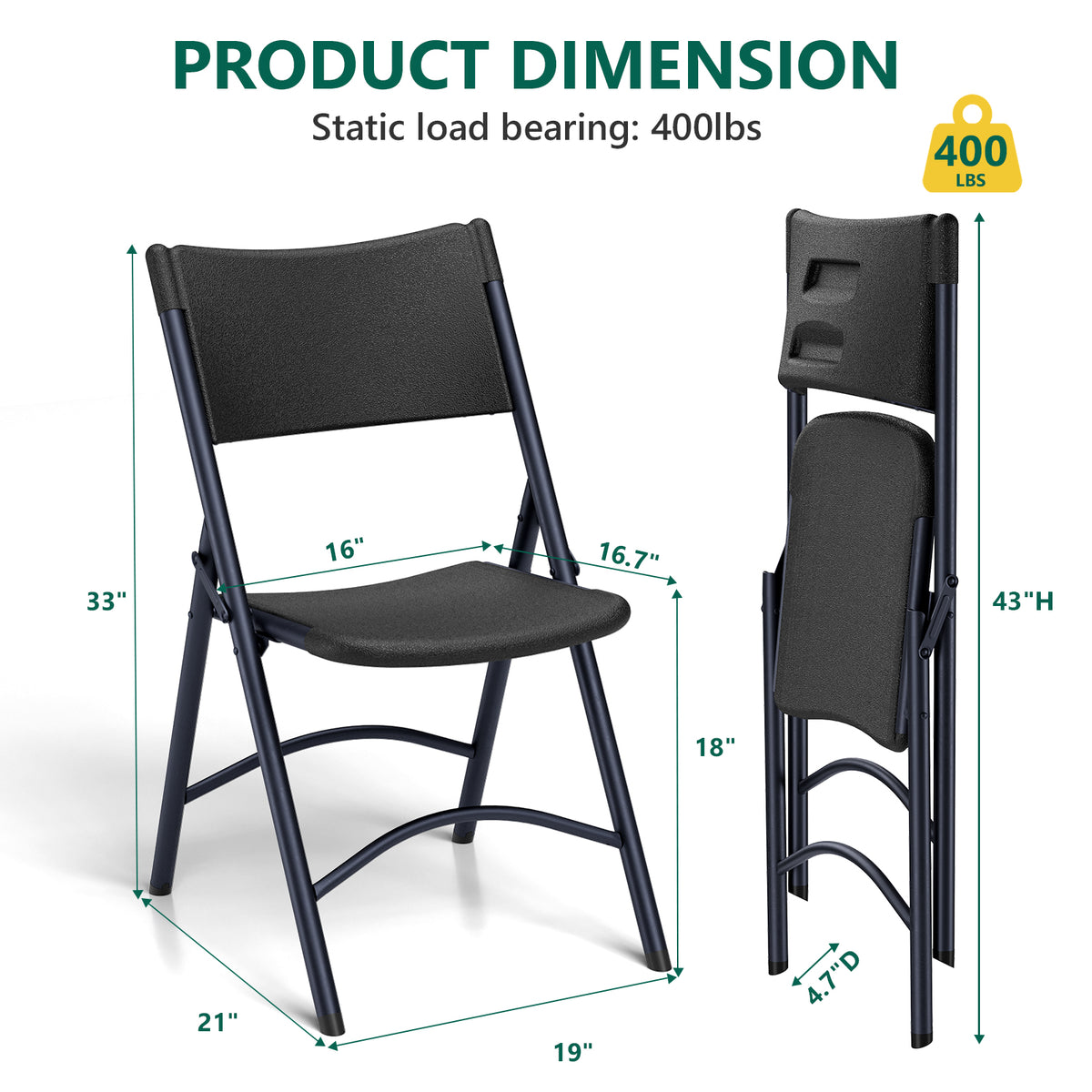 Folding Chairs 4 Pack, Outdoor Portable Foldable Chair with Steel Frame, 500lbs Capacity Heavy Duty Metal White Plastic Folding Chairs for Patio, Picnic, Kitchen, Dining