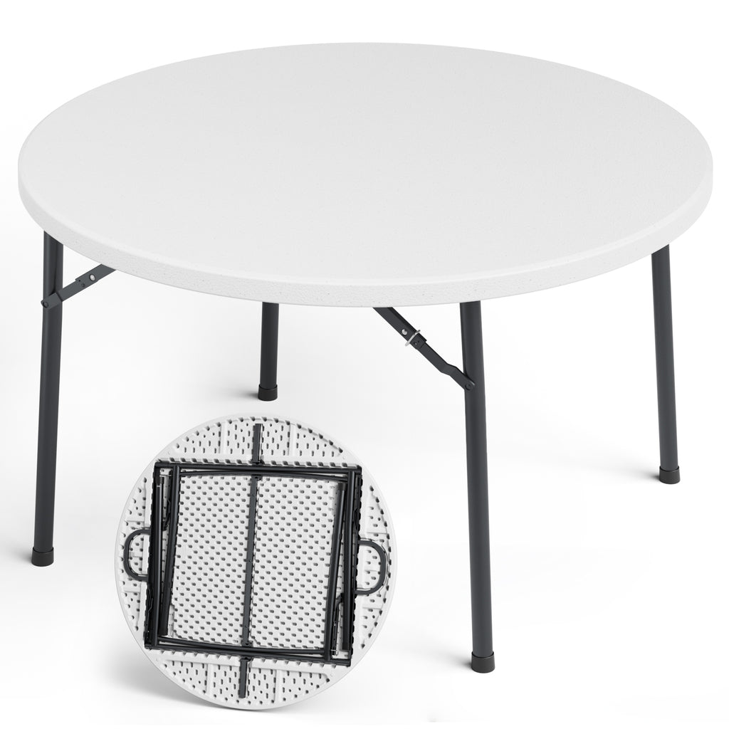 48" Folding Round Table, Heavy Duty Plastic Commercial Dinner Table with Foldable Steel Legs, Portable Banquet Table for Wedding, Party, Events, Indoor, Outdoor, White