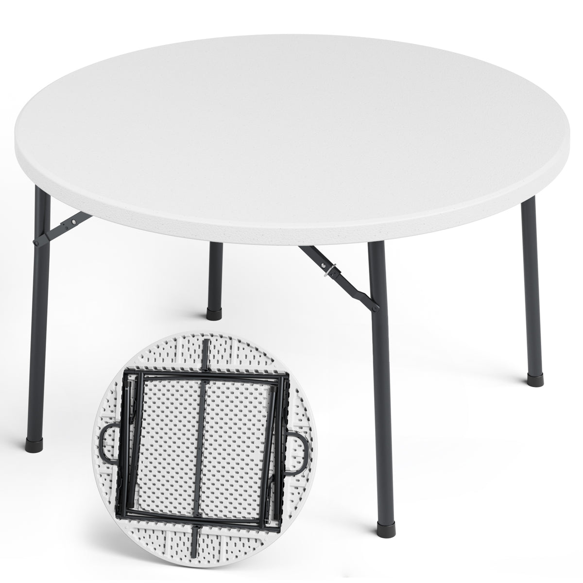 48" Folding Round Table, Heavy Duty Plastic Commercial Dinner Table with Foldable Steel Legs, Portable Banquet Table for Wedding, Party, Events, Indoor, Outdoor, White