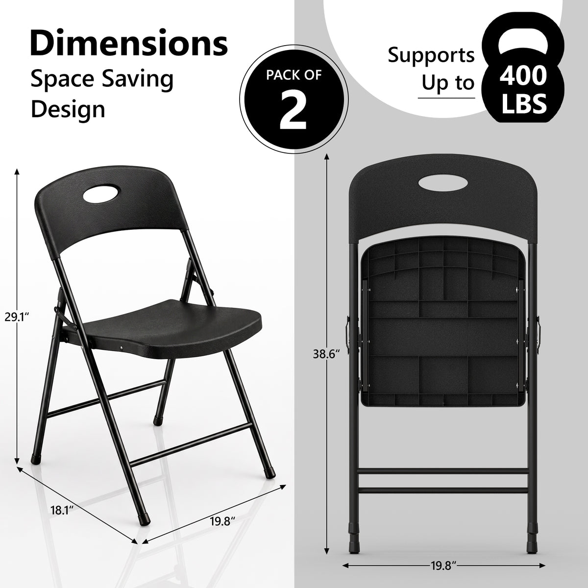HaiNova 4PCS Black Plastic Folding Chair Set, 400-Pound Portable Waterproof and Wear-Resistant Folding Chair with Steel Frame for Picnics and Business