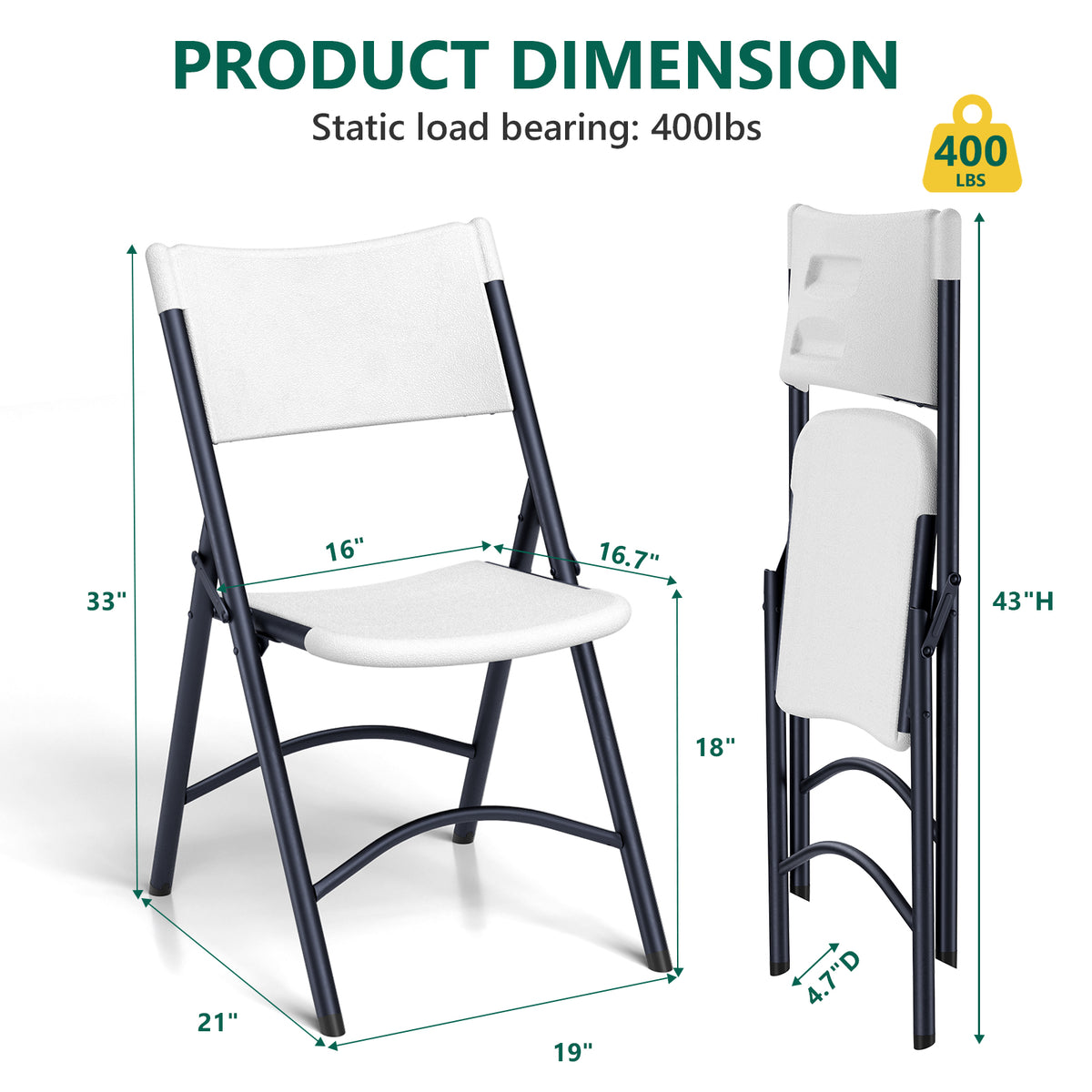 Folding Chairs 4 Pack, Outdoor Portable Foldable Chair with Steel Frame, 500lbs Capacity Heavy Duty Metal White Plastic Folding Chairs for Patio, Picnic, Kitchen, Dining