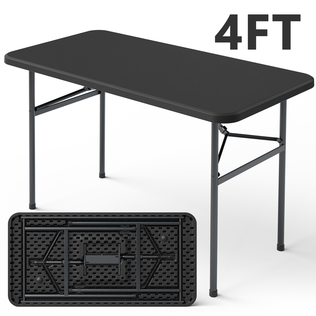 4ft Folding Table, Heavy Duty Plastic Card Table with Foldable Steel Legs, Metal Frame Support up to 400 lb, Portable for Indoor, Outdoor, Picnic, Camping, Dining, Party, White