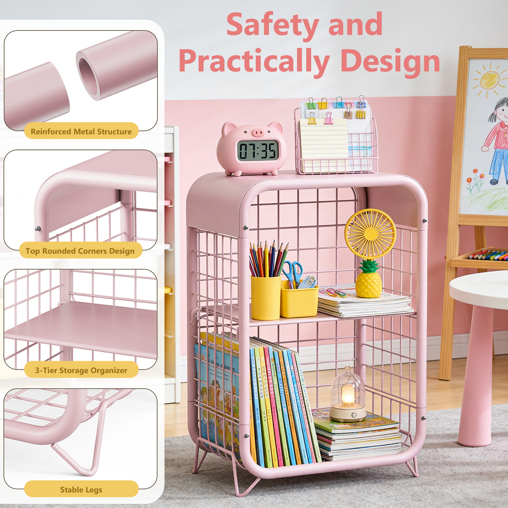 Cute Nightstand, Metal End Table, Side Table with Storage, 3-Tier Narrow End Table for Girls, Small Beside Table for Bedroom, Living Room, Office, Decor, Pink