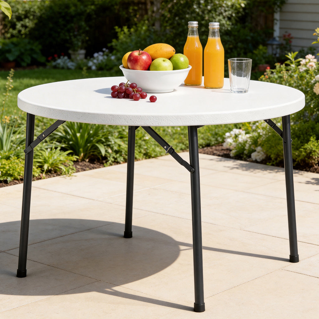 48" Folding Round Table, Heavy Duty Plastic Commercial Dinner Table with Foldable Steel Legs, Portable Banquet Table for Wedding, Party, Events, Indoor, Outdoor, White
