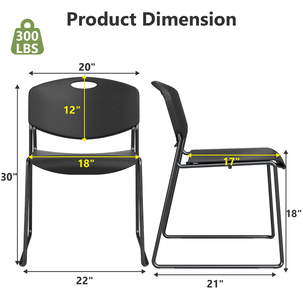 Stacking Chairs Set of 4, Plastic Waiting Room Chair with Sled Base, Stackable Office Guest Reception Chairs No Wheels for Break Rooms and Conference Rooms Black