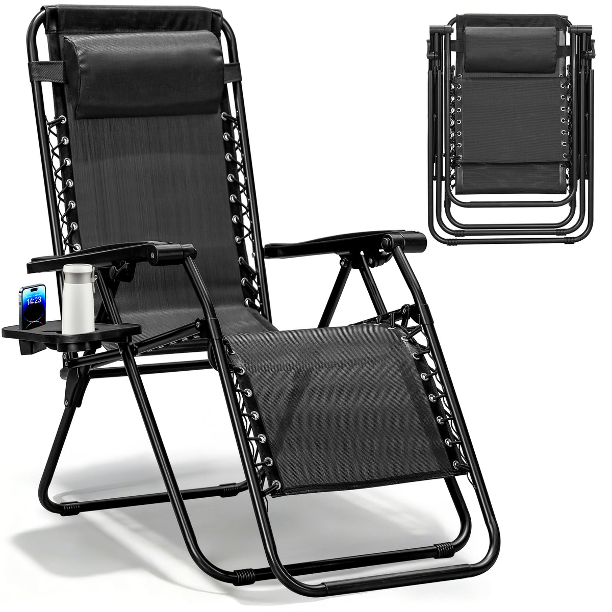 Zero Gravity Chairs Set of 2, Adjustable Lounge Chair Outdoor Recliner, Folding Reclining Lawn Chair, Anti Gravity Chair with Pillow & Cup Holder for Pool Camping Sunbathing Beach Patio (Gray)